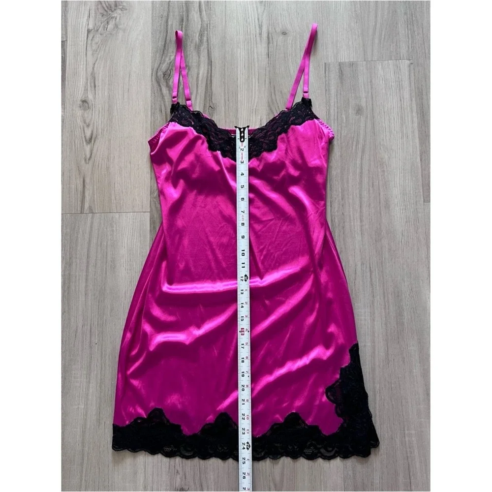 Victoria's Secret Hot Pink stretch Satin Slip Black Lace built in bra 36C vntg - Picture 7 of 15